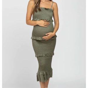 Pinkblush Olive Satin Smocked Fitted Maternity Midi Dress sz. S